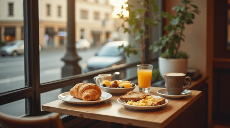 A fresh and delicious quick breakfast with coffee, croissant, eggs, and fruit on a cozy café table near a window.