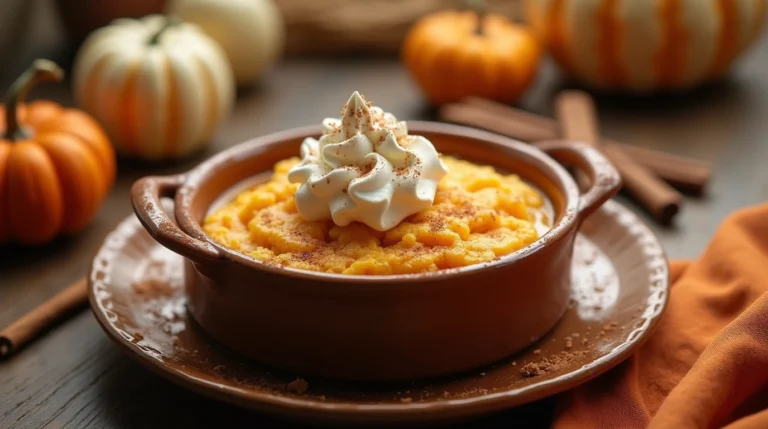 A microwavable no-egg pumpkin dessert garnished with whipped cream and cinnamon, surrounded by autumn-inspired decorations.
