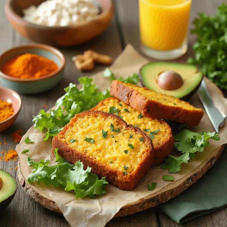Freshly baked vegan egg loaf on a white plate with avocado slices, cherry tomatoes, and vegan aioli, set on a rustic wooden table.