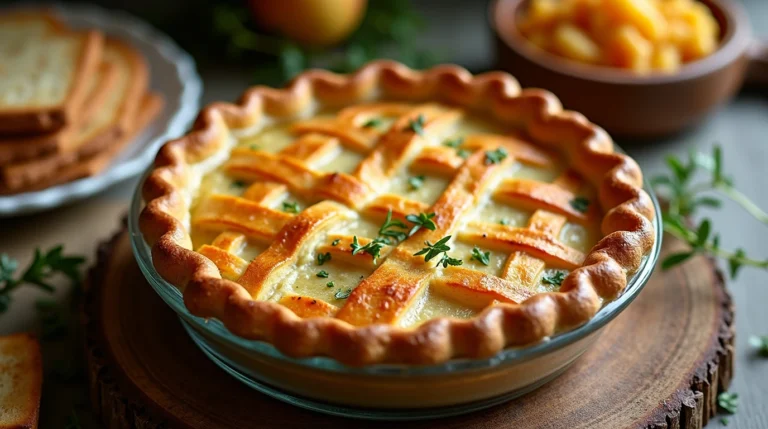 Golden-brown Passover Potato Pie on a rustic table with matzo and fresh herbs, ready to serve during a holiday meal."