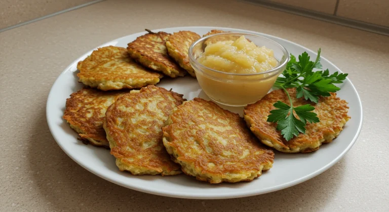 Golden crispy potato pancakes with sour cream and chives on a breakfast table.