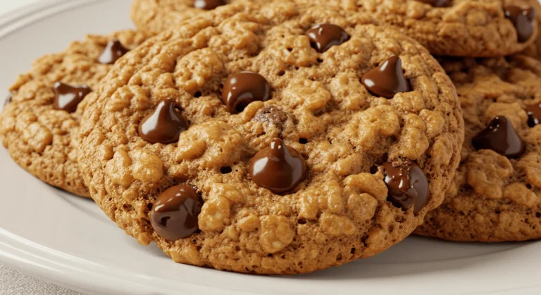 Freshly baked rice krispie chocolate chip cookies with gooey chocolate and crispy cereal topping