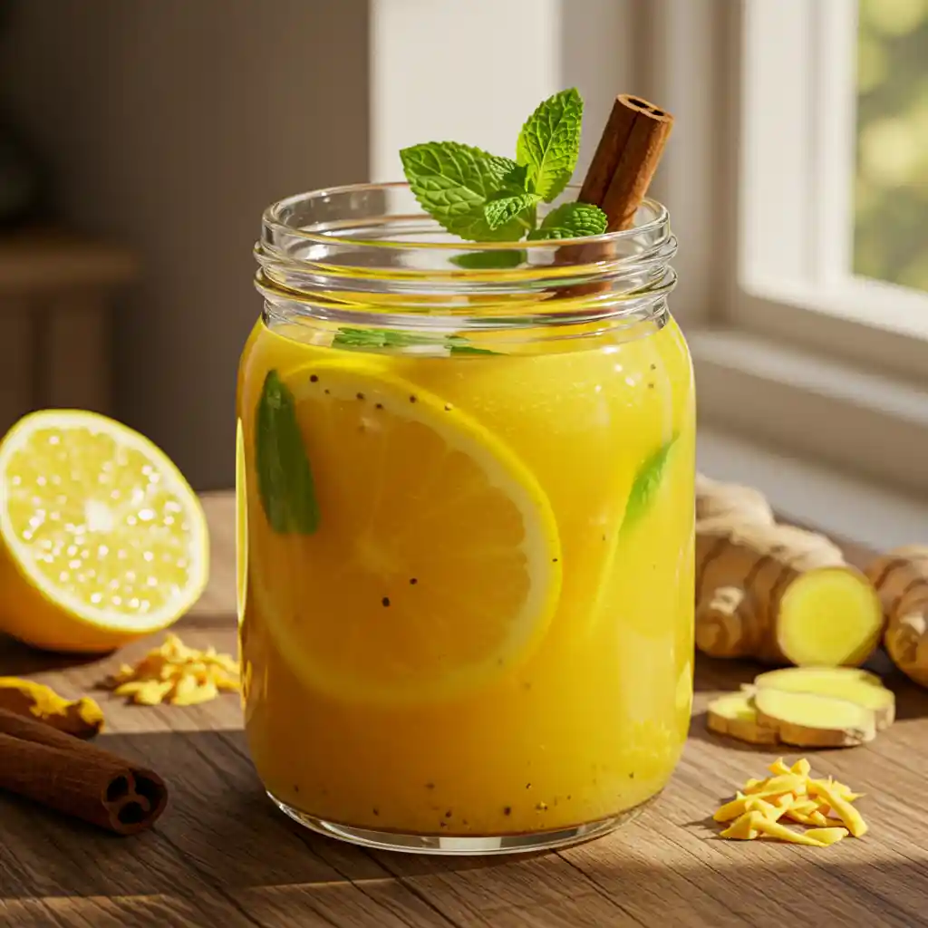Close-up of a vibrant beverage healthy drink made with ginger, turmeric, lemon, and mint in a clear glass on a rustic wooden surface.