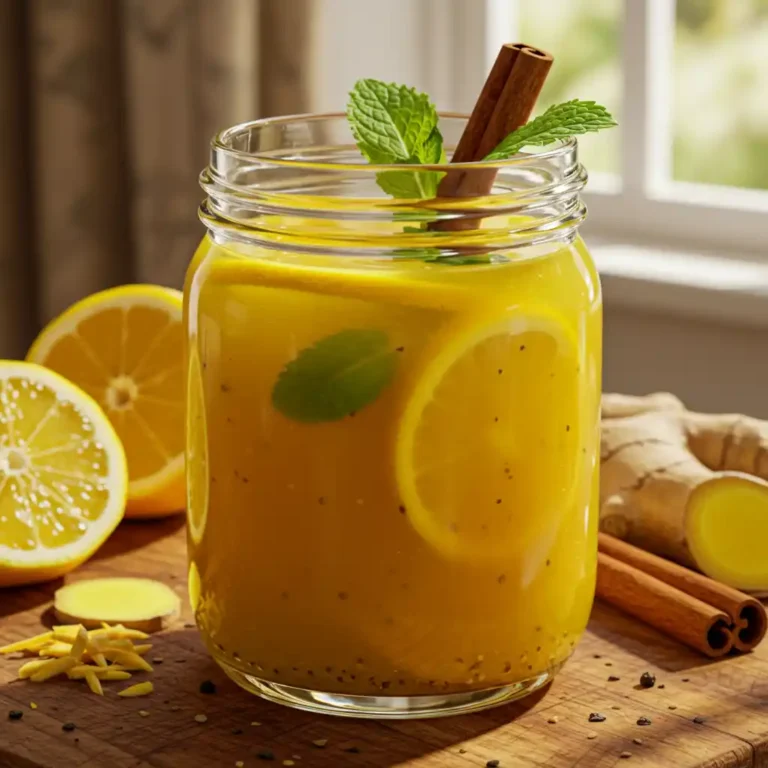 Close-up of a vibrant, healthy beverage in a glass jar with lemon, ginger, turmeric, and mint, placed on a wooden table with natural sunlight.