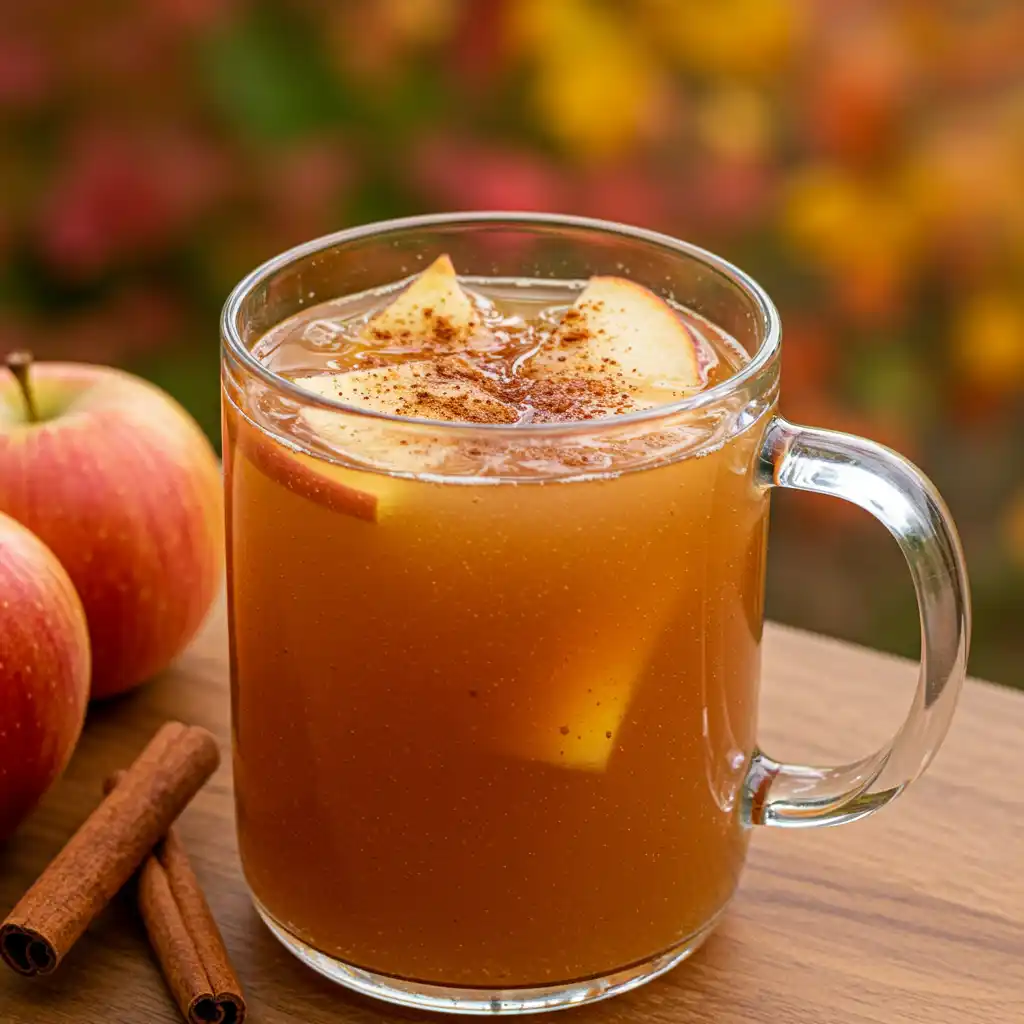 Natural 4 Ingredient Mounjaro Recipe cinnamon apple cider fat burner in a clear glass mug with cinnamon stick garnish on a cozy kitchen counter