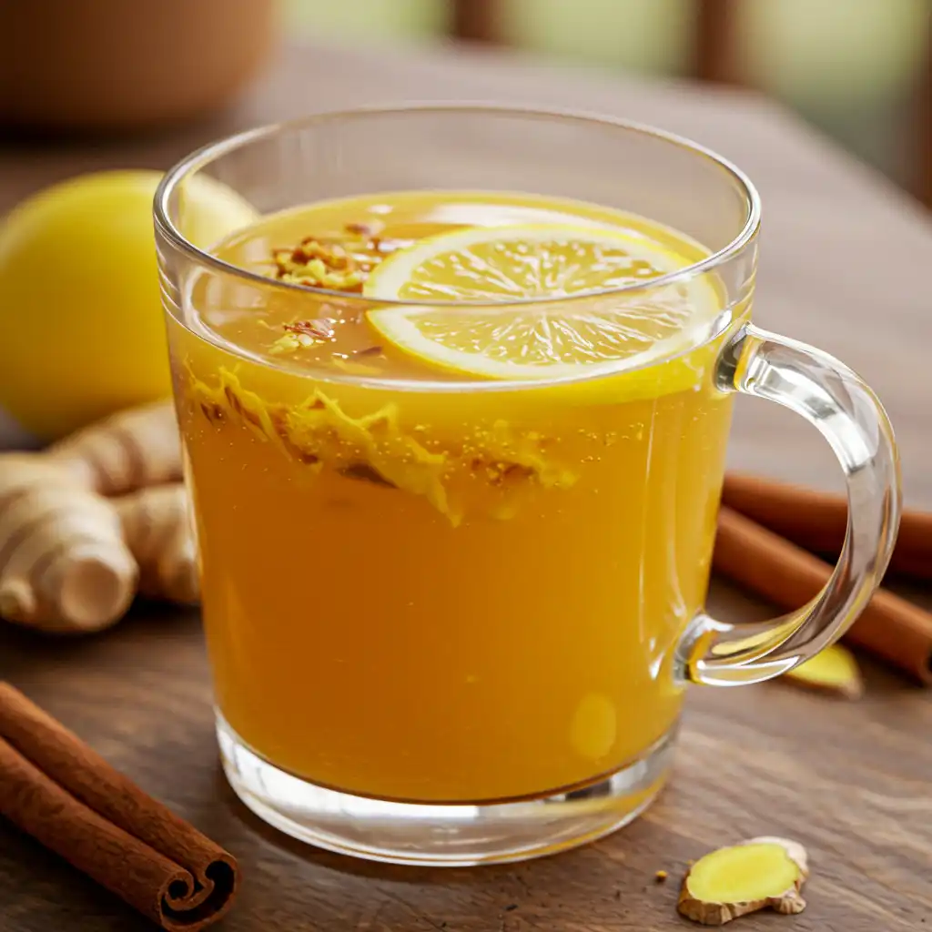 Close-up photo of a natural Mounjaro drink in a clear glass with floating ginger pieces and a lemon slice, glowing with golden turmeric color on a rustic wooden table, softly lit by natural daylight.