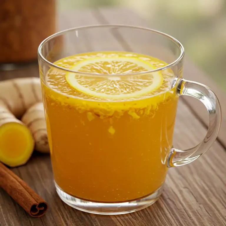 Close-up photo of a natural Mounjaro drink in a clear glass with floating ginger pieces and a lemon slice, glowing with golden turmeric color on a rustic wooden table, softly lit by natural daylight.