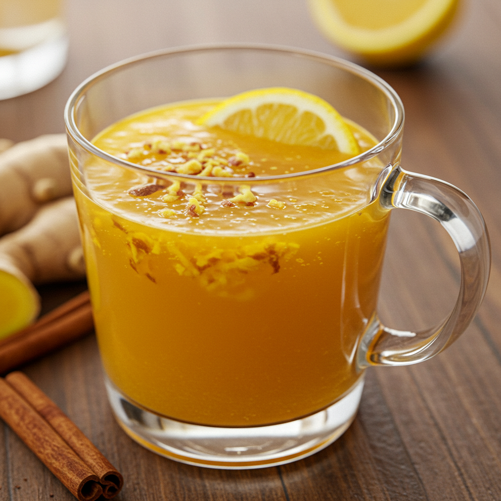 Close-up photo of a natural Mounjaro drink in a clear glass with floating ginger pieces and a lemon slice, glowing with golden turmeric color on a rustic wooden table, softly lit by natural daylight.