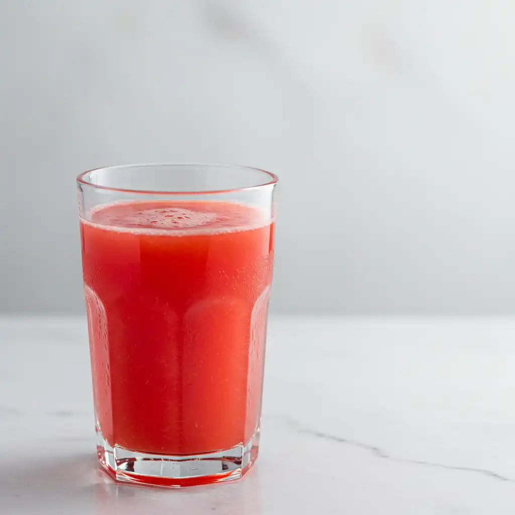 Cold simple watermelon juice in a glass with natural light and green herbs