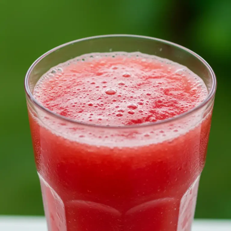Close-up of simple watermelon juice in a glass with mint and lime garnish on a rustic wooden table