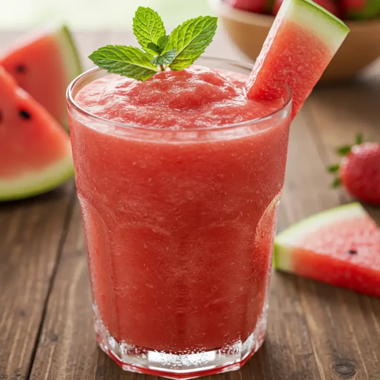 Refreshing glass of Watermelon Jamba Juice topped with mint leaves and served with fresh watermelon slices on a wooden table