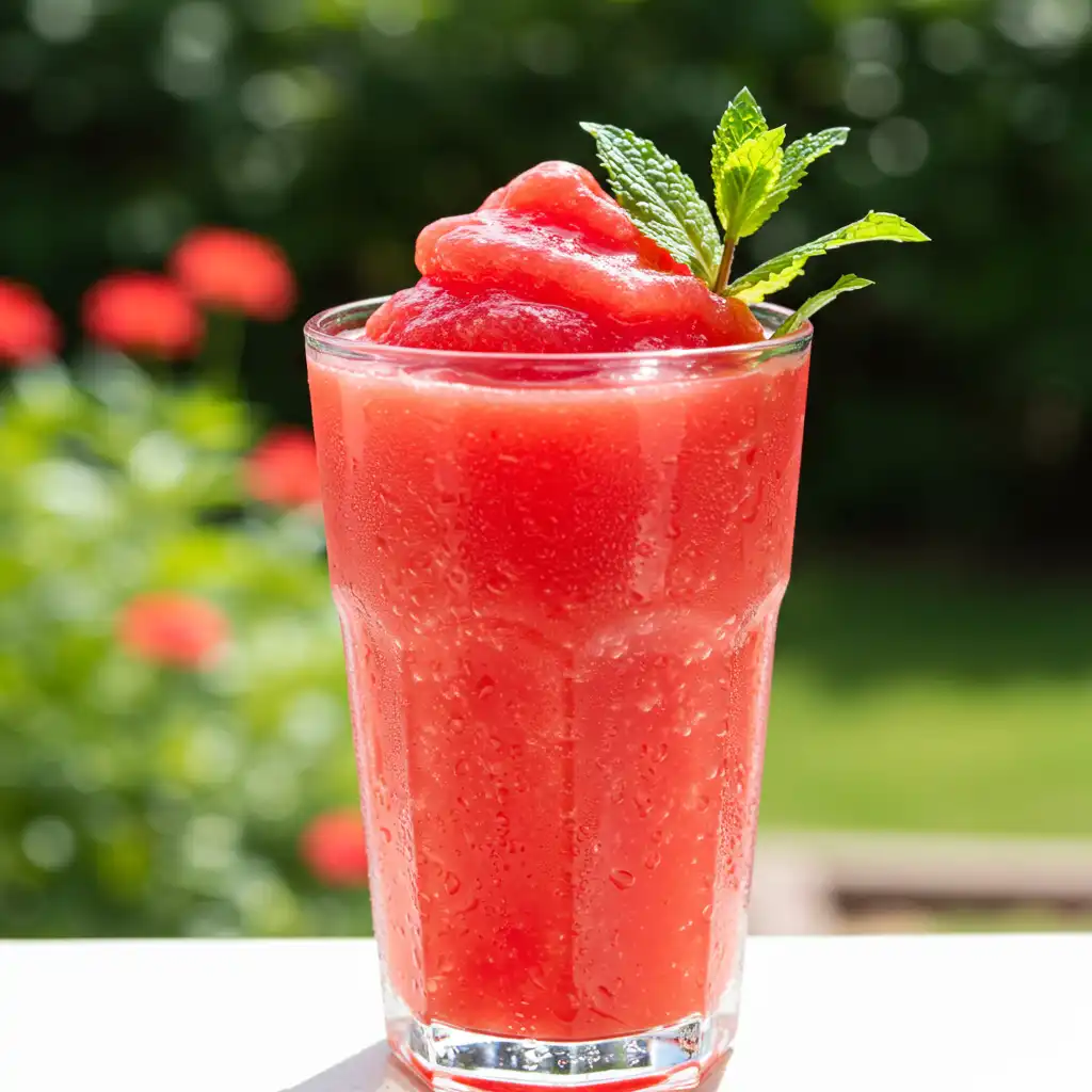 Chilled Watermelon Jamba Juice in a clear glass with mint leaves and watermelon slices on the side