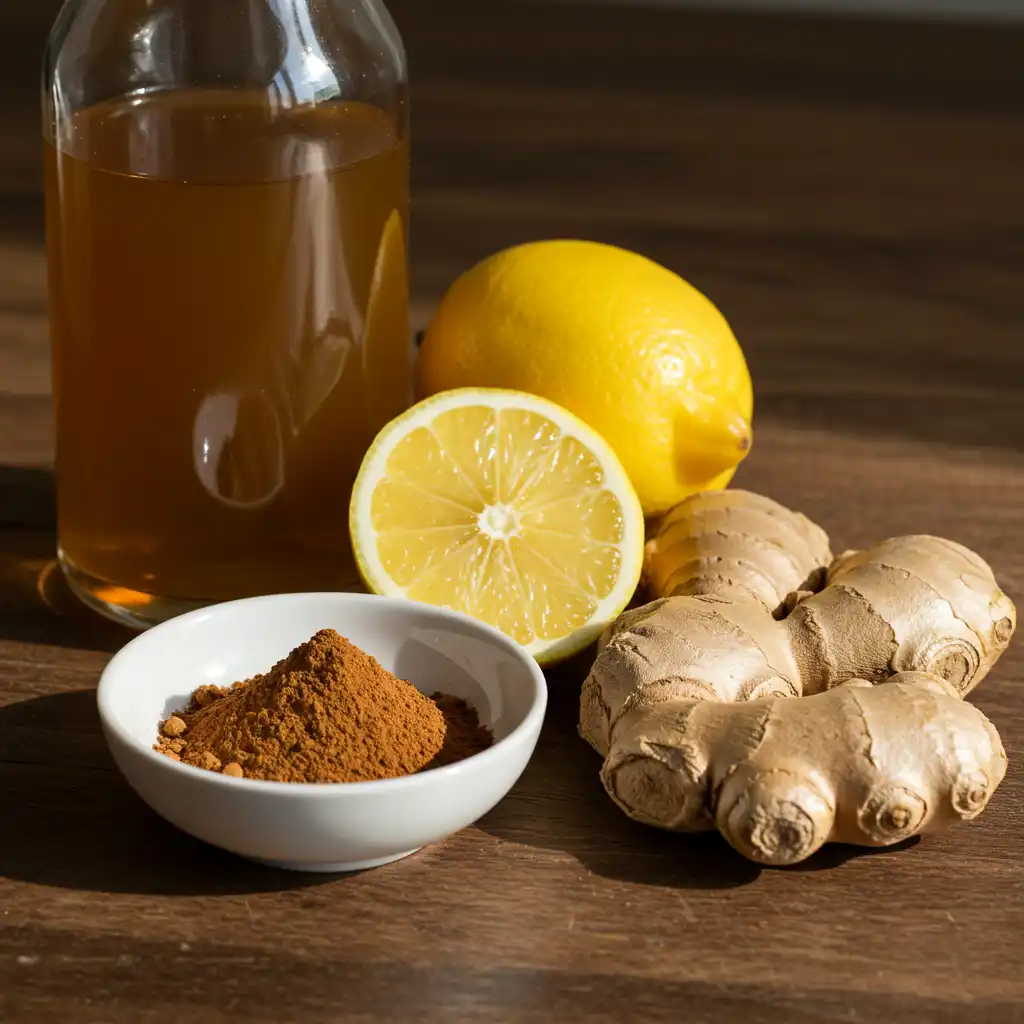 What is natural mounjaro recipe with 4 ingredients shown - apple cider vinegar bottle, fresh lemon, Ceylon cinnamon powder, and ginger root arranged on wooden background