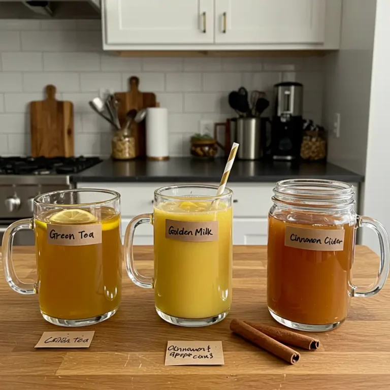 A cozy kitchen counter featuring three Natural 4 Ingredient Mounjaro Recipe drinks: green tea with lemon, cinnamon apple cider with a cinnamon stick, and golden turmeric milk in clear glass mugs with natural garnish tags