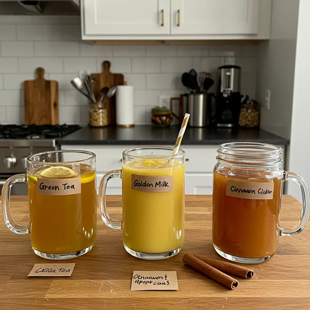 A cozy kitchen counter featuring three Natural 4 Ingredient Mounjaro Recipe drinks: green tea with lemon, cinnamon apple cider with a cinnamon stick, and golden turmeric milk in clear glass mugs with natural garnish tags