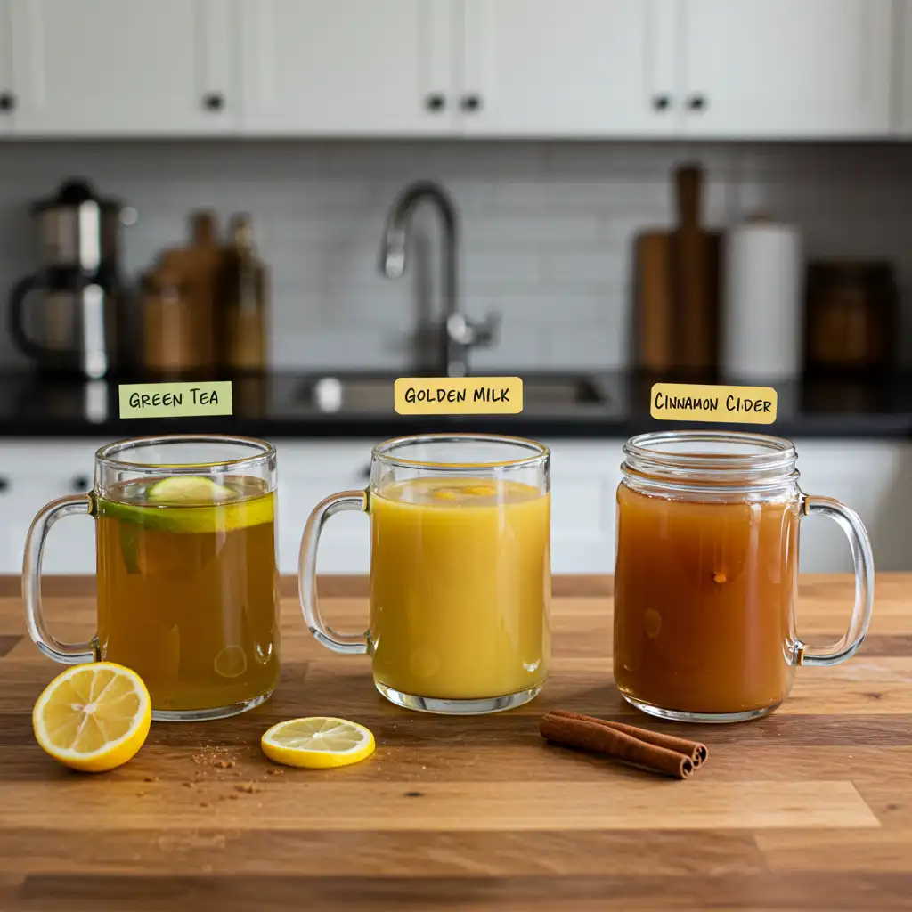 Cozy kitchen counter with three Natural 4 Ingredient Mounjaro Recipe drinks: green tea with lemon, cinnamon apple cider with a cinnamon stick, and golden milk with turmeric, each in clear mugs and garnished naturally