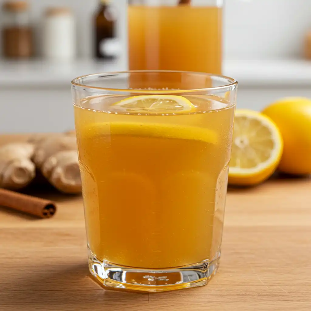 What is natural mounjaro recipe with 4 ingredients - glass of golden weight loss drink made with apple cider vinegar, lemon juice, cinnamon, and fresh ginger