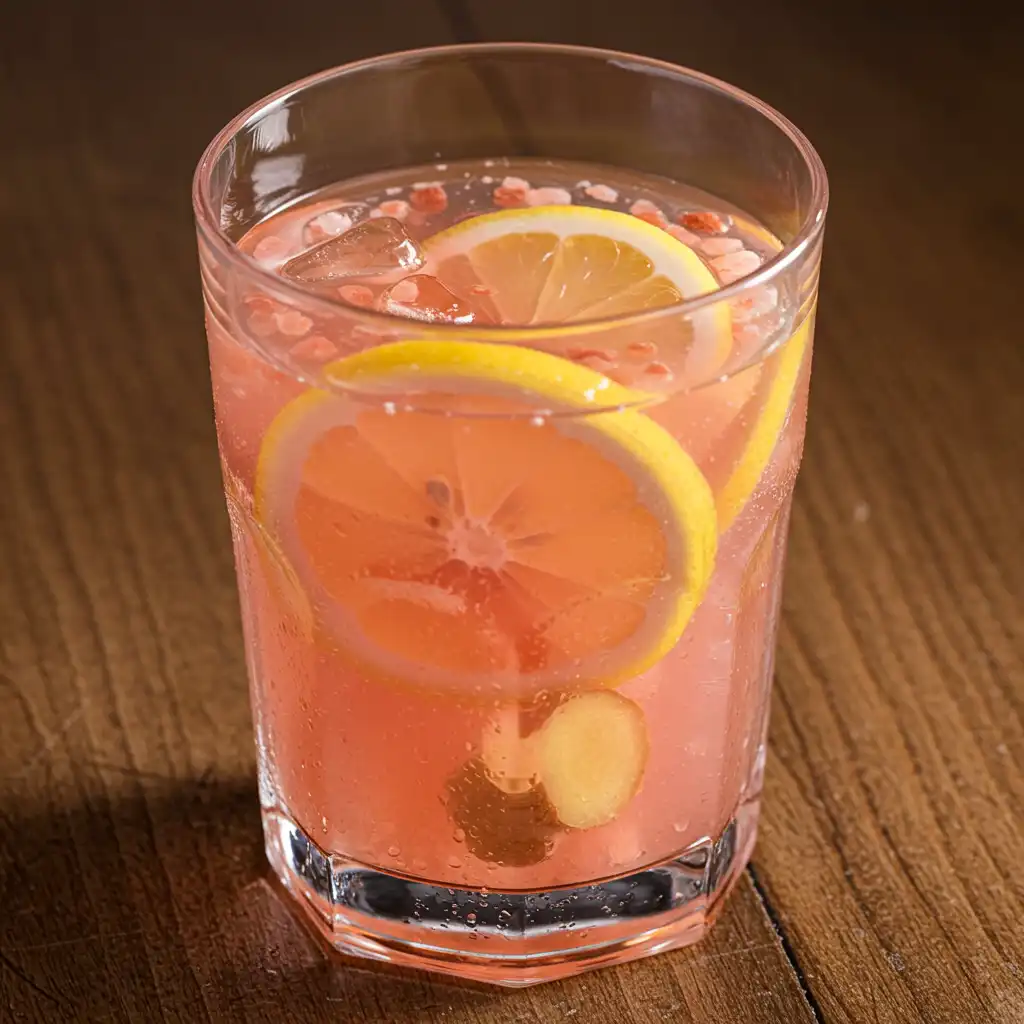 Pink salt weight loss drink in clear glass with lemon slice and ginger on wooden background