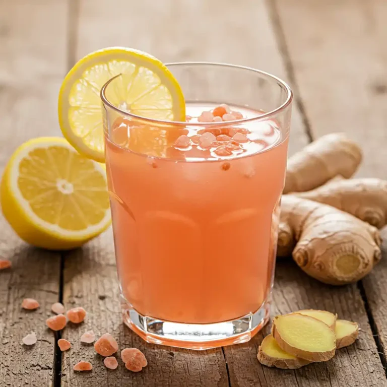 Pink salt weight loss drink in clear glass with lemon slice and ginger on wooden background