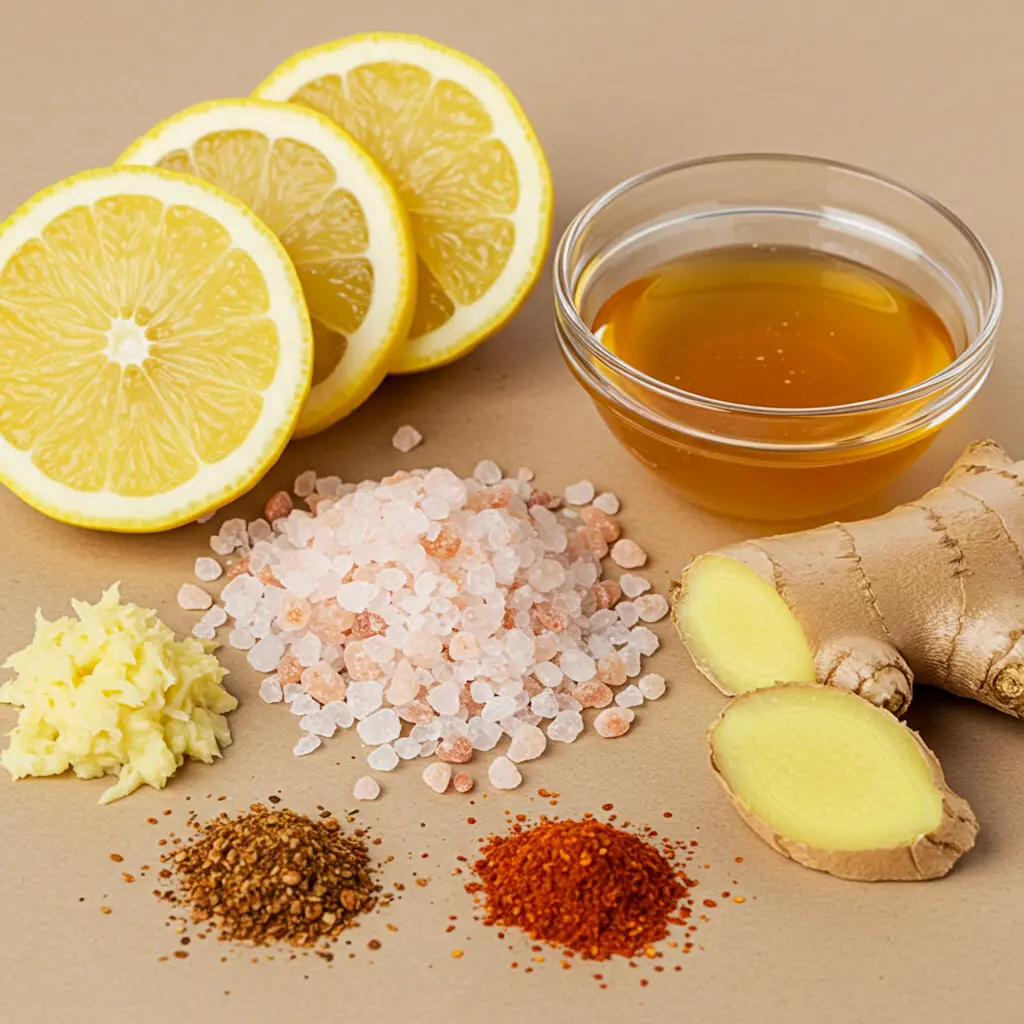 Himalayan pink salt, lemon, honey, ginger and cayenne pepper arranged for weight loss recipe