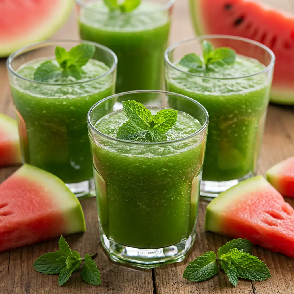 Pure green watermelon juice nutrition facts infographic showing vitamins, minerals, and health benefits